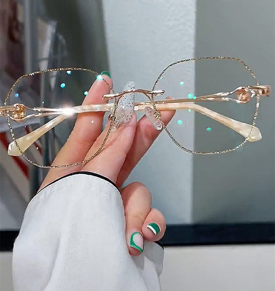 Fashionable Champagne Gold Frameless Polygon Blue Light Glasses