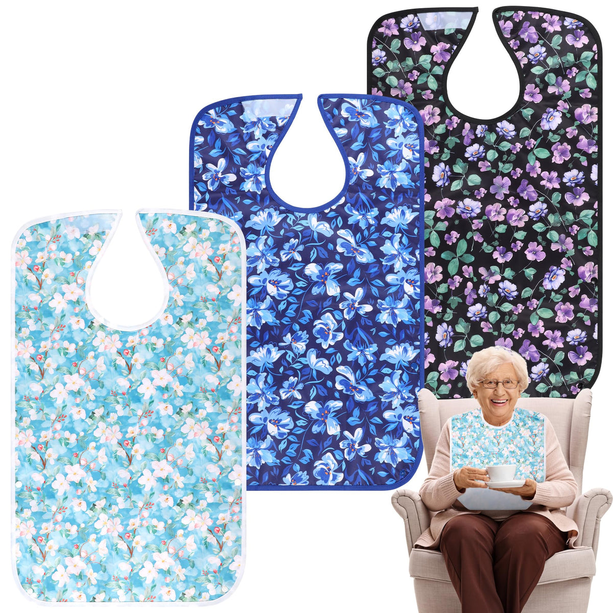 Adult Bibs - 3 Pcs Washable Clothing Protector with Crumb Catcher Reusable Waterproof Large Feeding Adult Bibs Blue