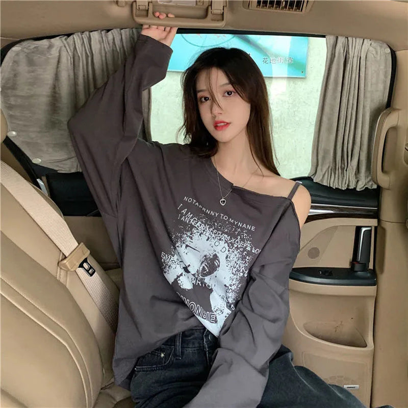 Korean Fashion Women's Loose Cotton Long Sleeve T-Shirt