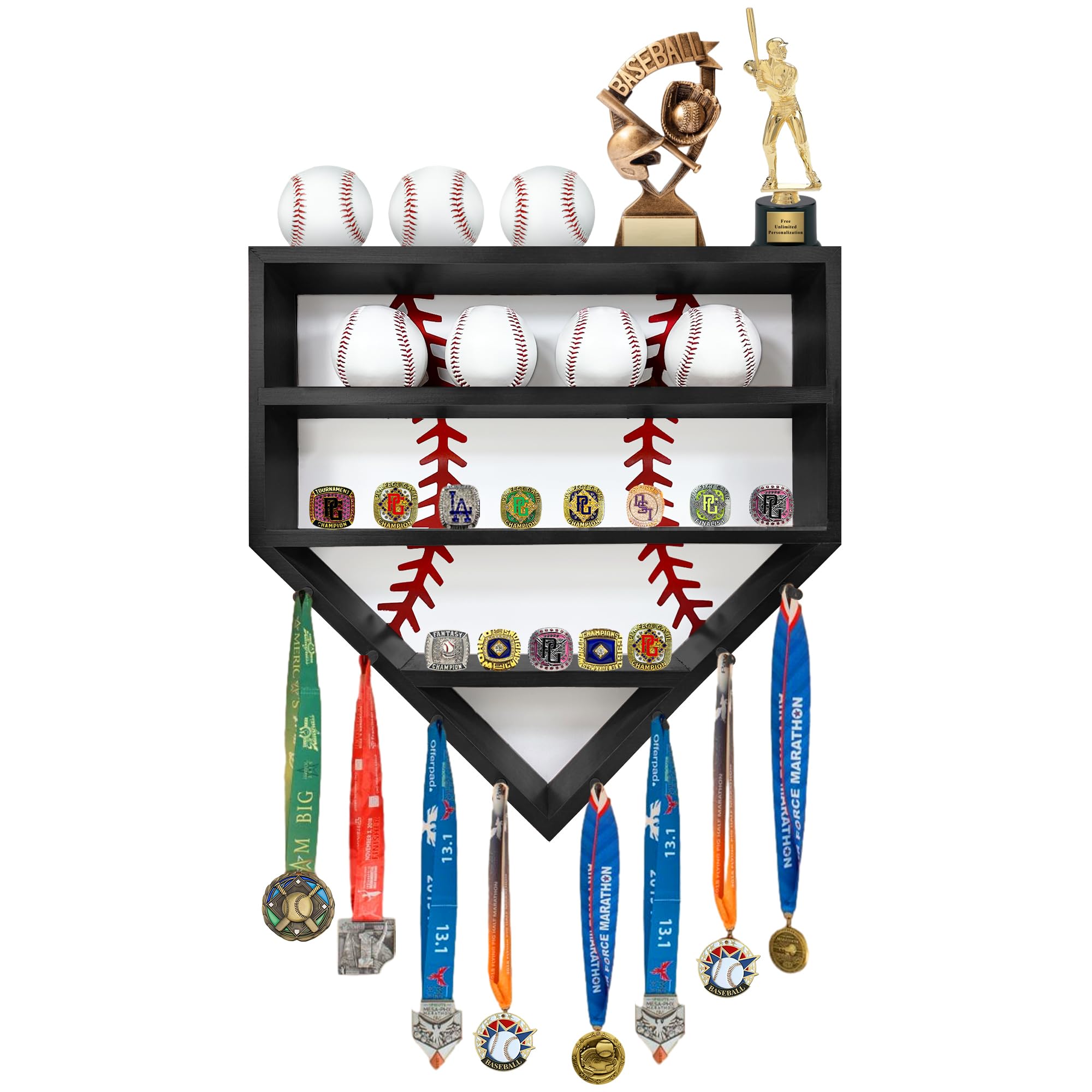 Montex Baseball Display Case Baseball Holder Display Case Wooden Baseball Ring Holder Wall Mount Baseball Display Cases for Balls Medals and Name Tags Black