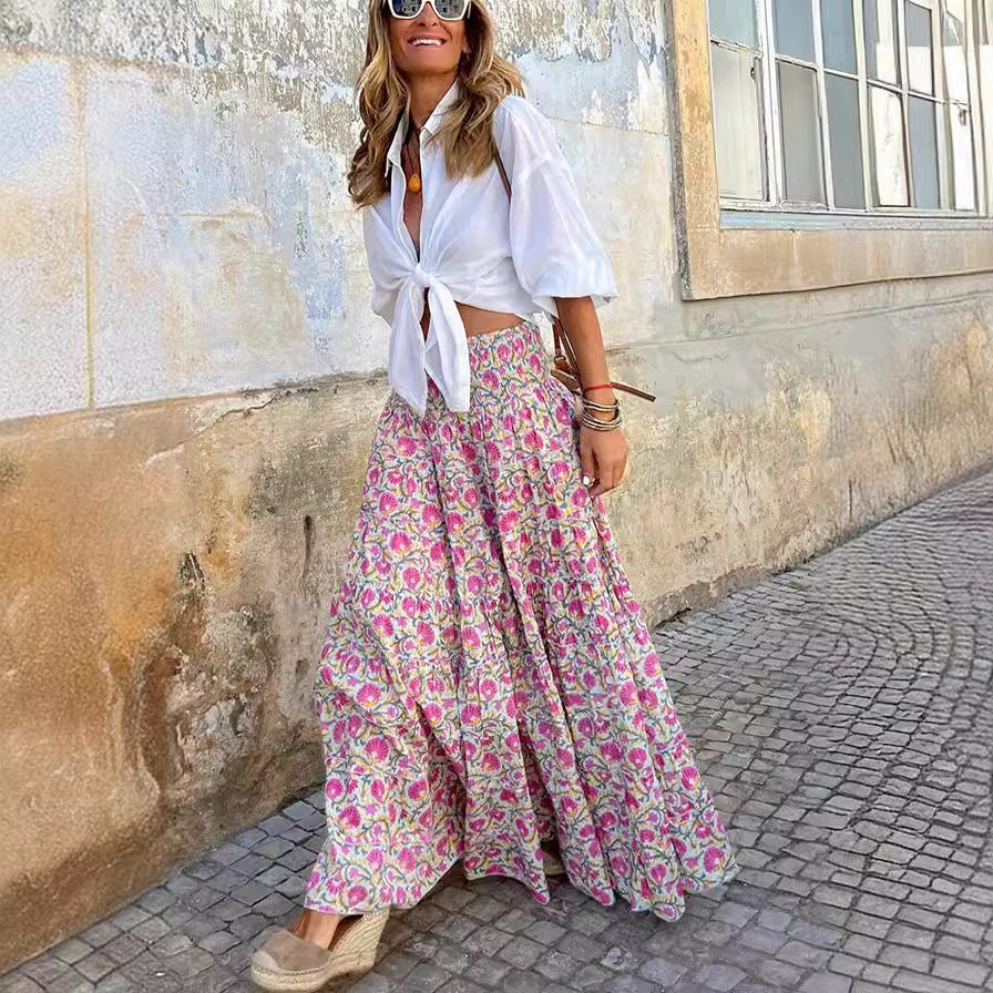 2023 Summer Floral Maxi Skirt with Elastic Waist