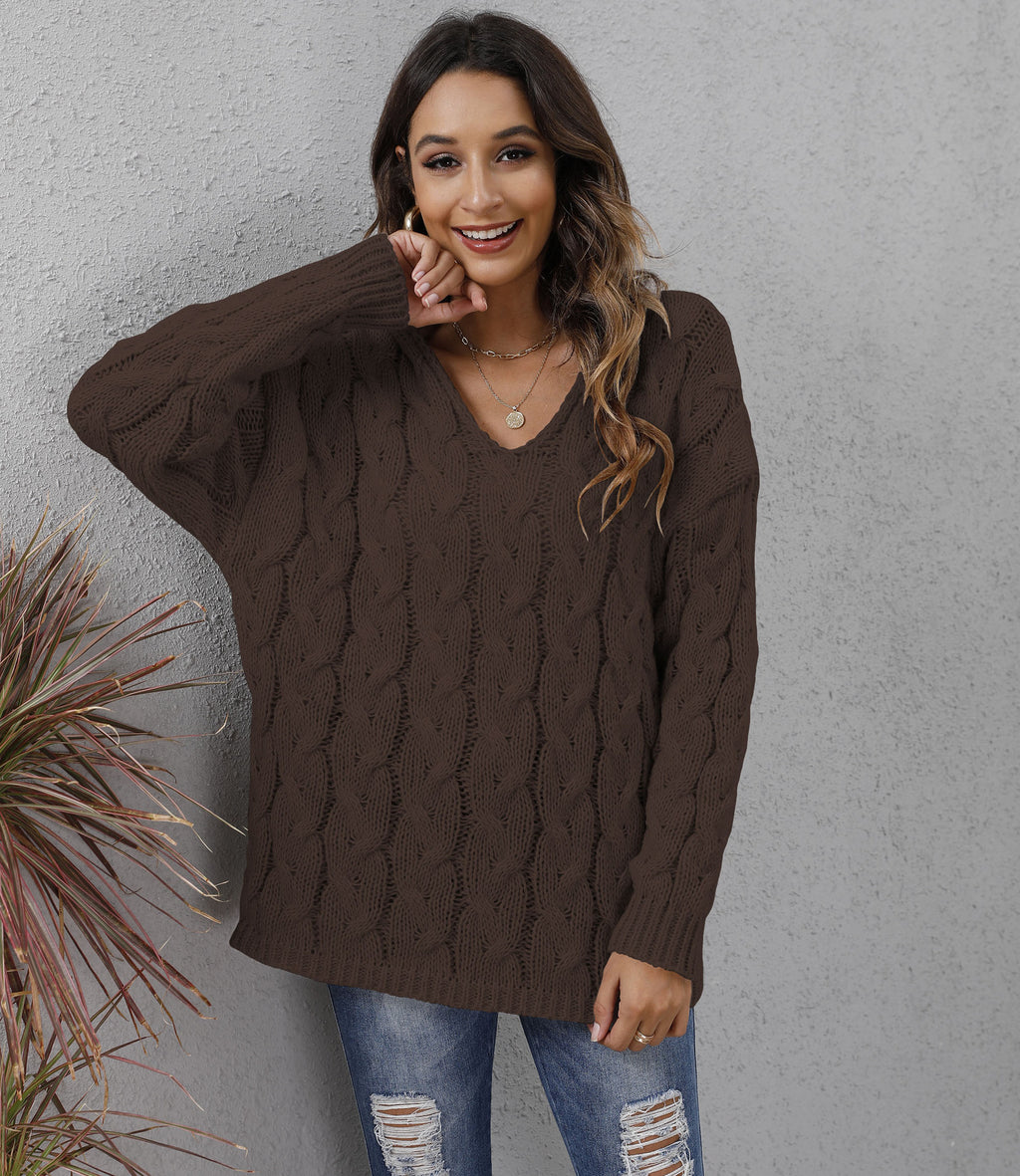 Fashionable Thick Knit V-Neck Hooded Sweater for Women