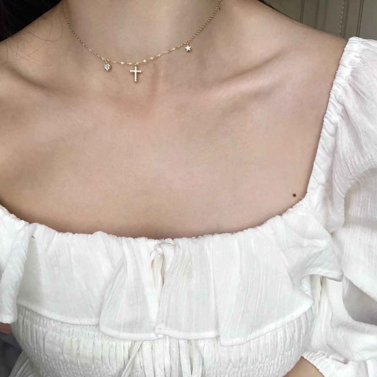 18K Champagne Gold Cross Heart Necklace for Women