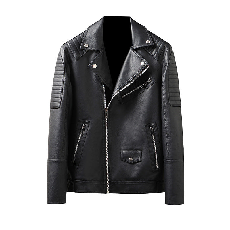 "Winter Slim Fit Men's Leather Jacket with Zipper Pockets"