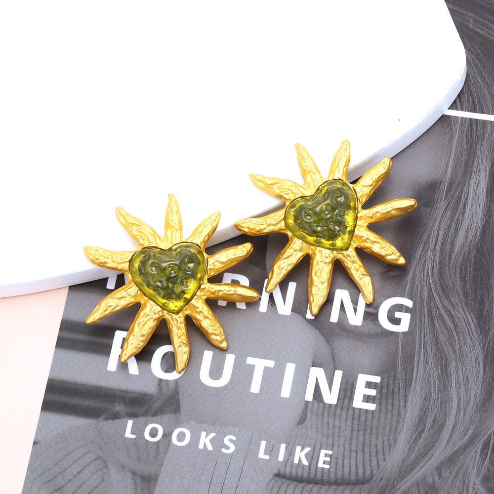 Vintage Heart Sunflower Earrings with Silver Pins for Women