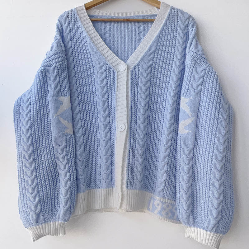 2023 Autumn Winter V-Neck Color Block Knit Sweater