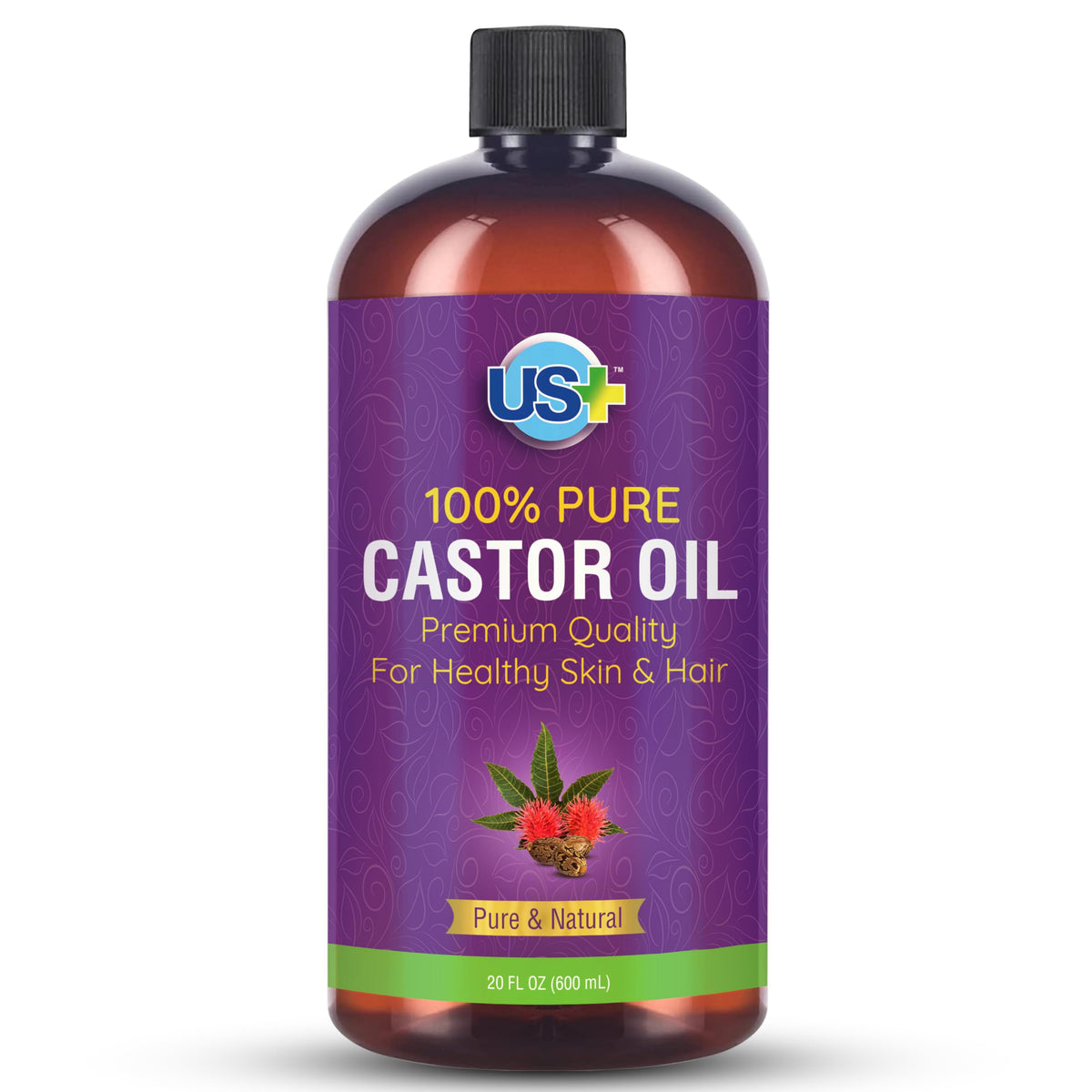 US+ 20oz 100% Pure Castor Oil - Cold-pressed Unrefined Hexane-free - BPA Free Plastic Bottle - USP Grade - Premium Quality for Healthy Skin & Hair