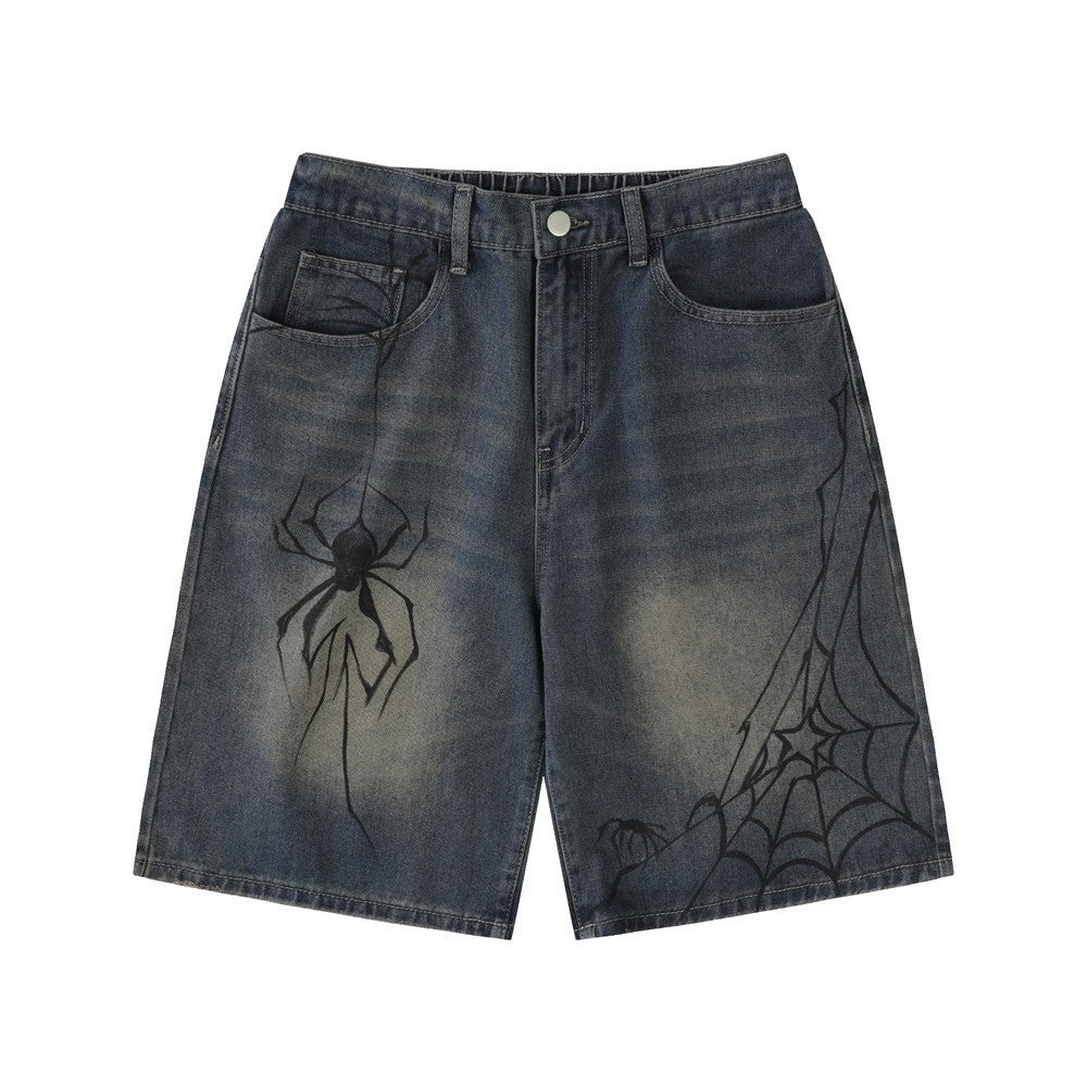 Men's Loose Vintage Denim Shorts with Spider Print