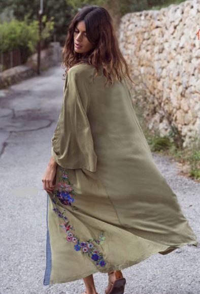 Embroidered Flower Bohemian Green Cardigan Dress