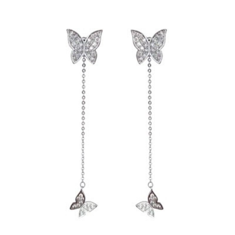 Fashionable 925 Silver Butterfly Long Earrings with Tassels