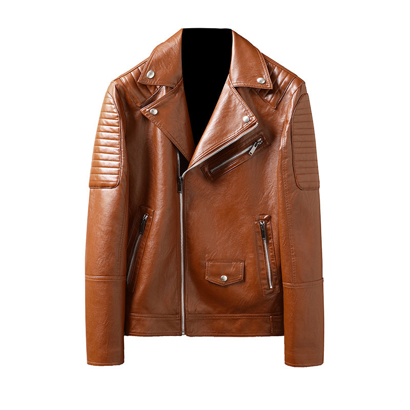 "Winter Slim Fit Men's Leather Jacket with Zipper Pockets"