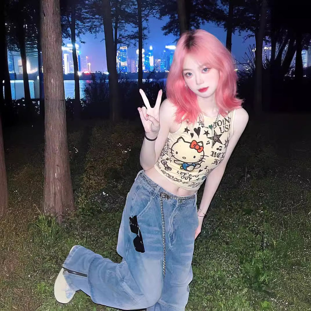Japanese Style Kitty Cat Crop Top for Summer Streetwear