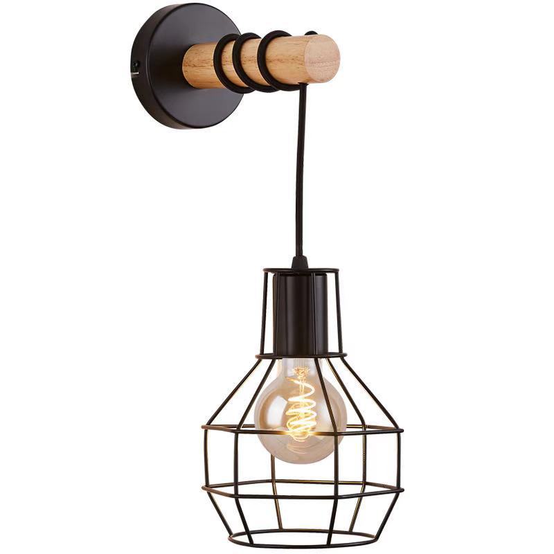 Creative American Wood Wall Lamp with Iron Shade E27