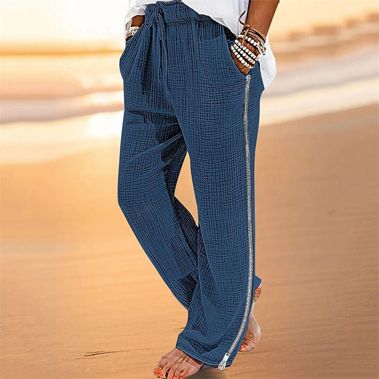 Men's Cotton Linen Beach Pants with Drawstring and Zipper