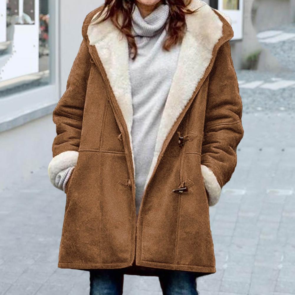 Fuzzy Hooded Jacket with Horn Buttons for Women