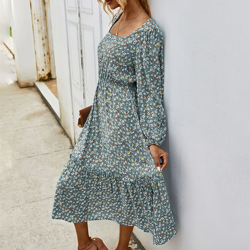Autumn Winter Floral Print Dress with Square Neck