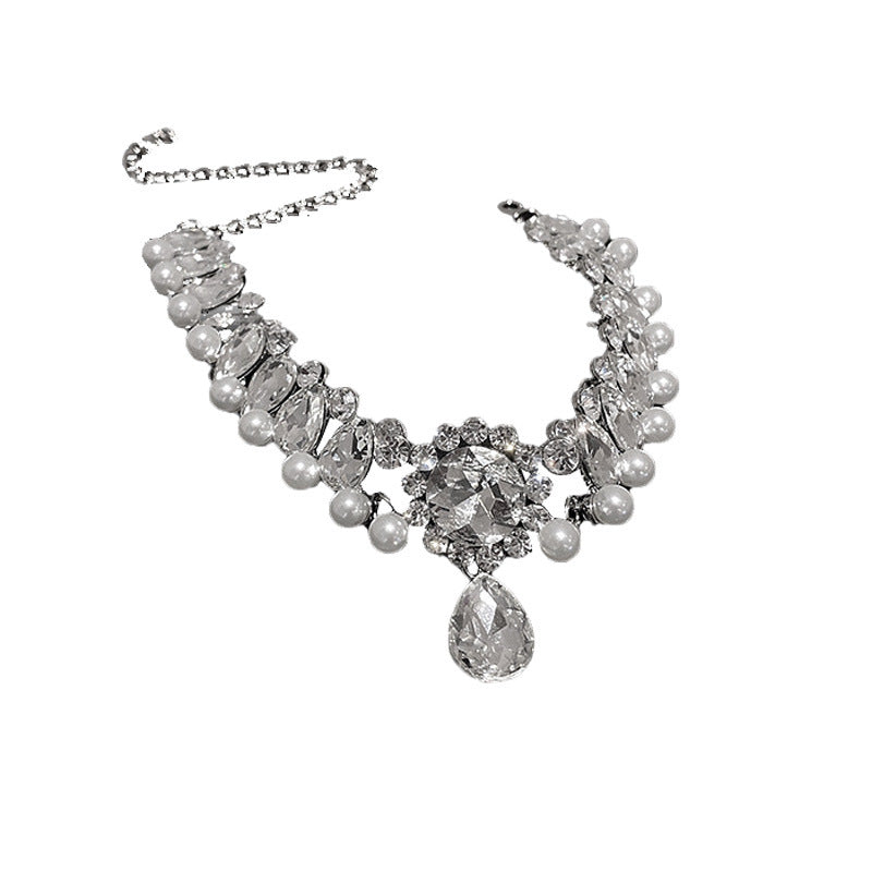 Korean Luxury Rhinestone Bow Pearl Tassel Necklace