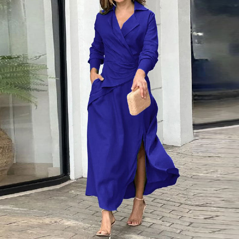 Autumn New Women's Casual Solid V-Neck Long Sleeve Dress