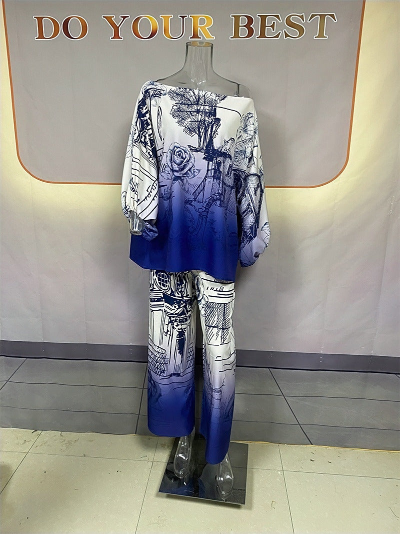Fashion Long Sleeve Batwing Top & Wide Leg Pants Set