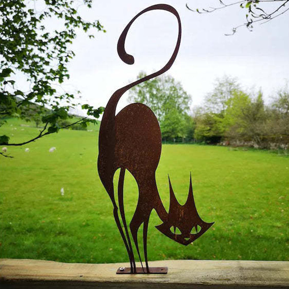 Iron Farmhouse Cat Garden Ornament for Outdoor Decor