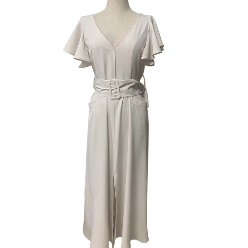 2023 New V-Neck Solid Color Ruffle Sleeve Dress