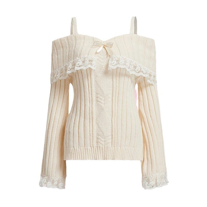 Solid Color Lace-Trim Off-Shoulder Knitted Sweater YF2348