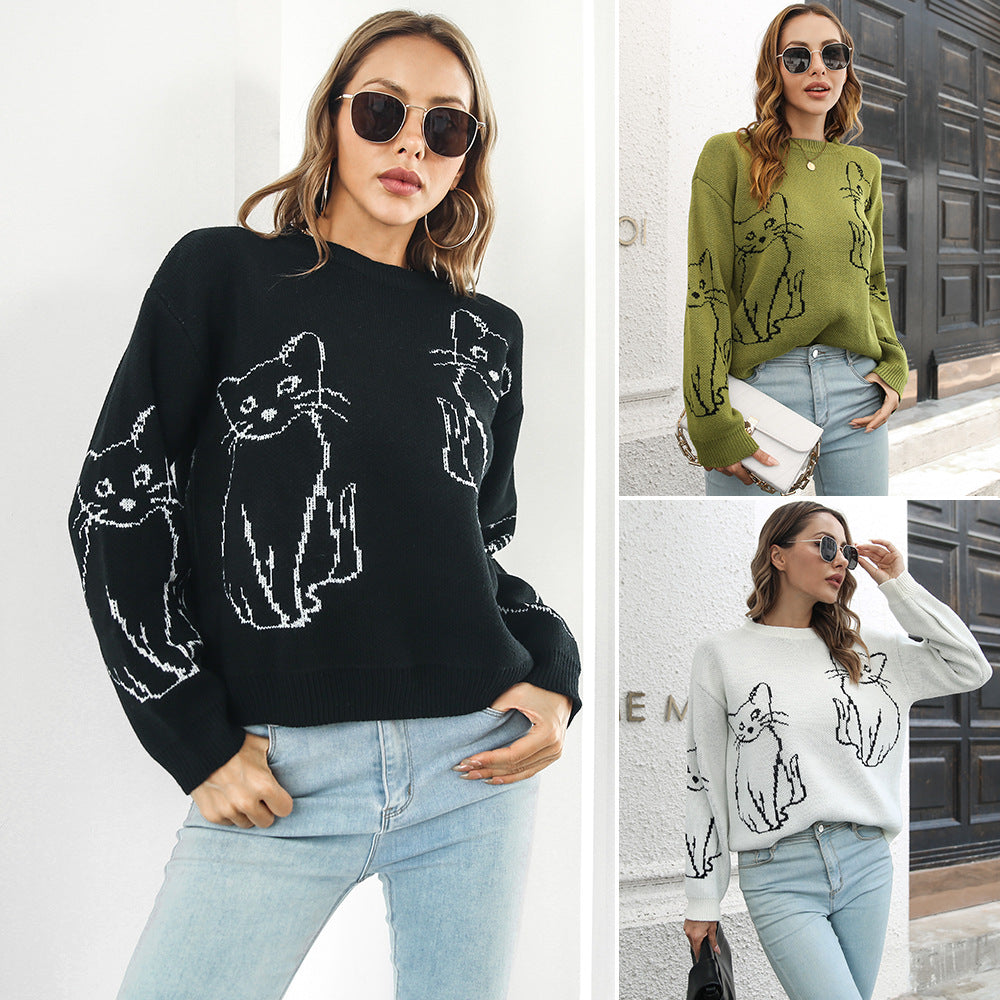Loose-Fit Cat Pattern Sweater for Women, Fall/Winter