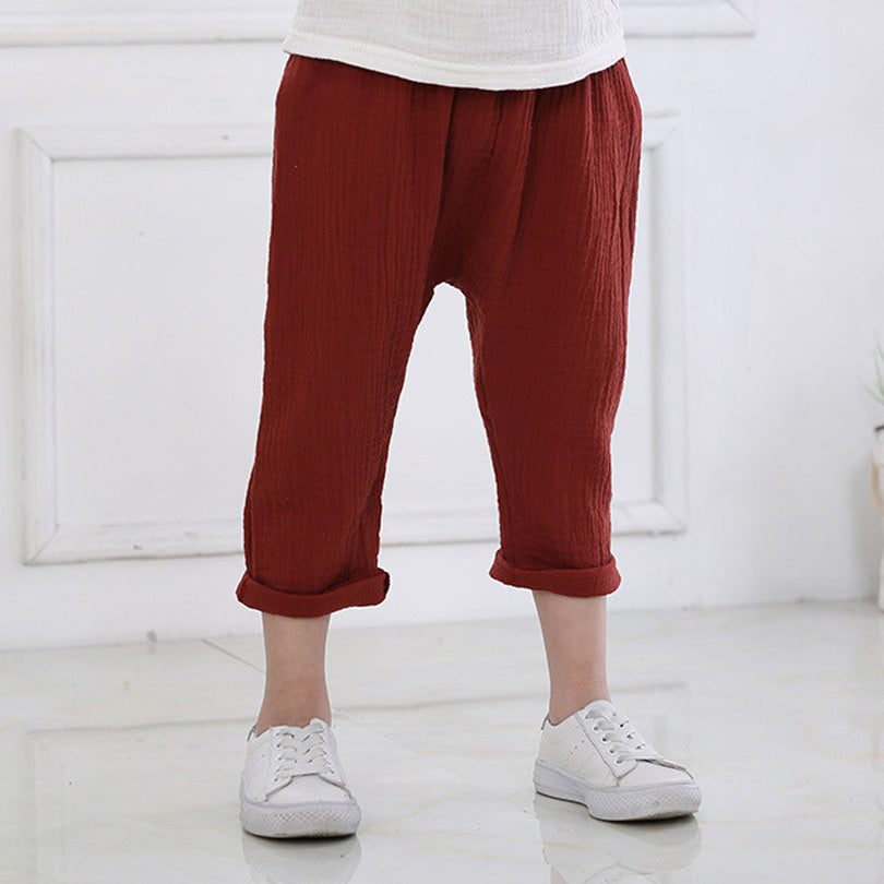 Summer Solid Color Linen Pleated Harem Pants for Kids