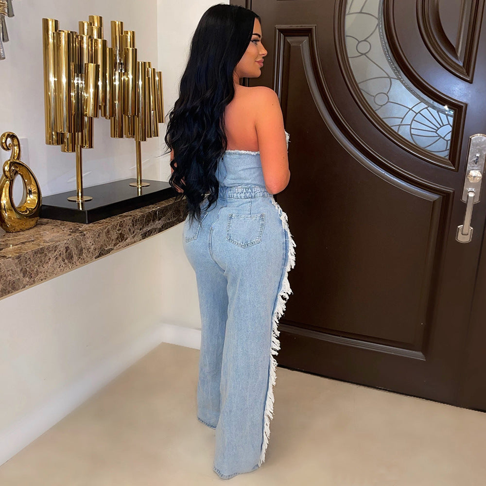 7637JR Women's Summer Denim Jumpsuit with Fringe