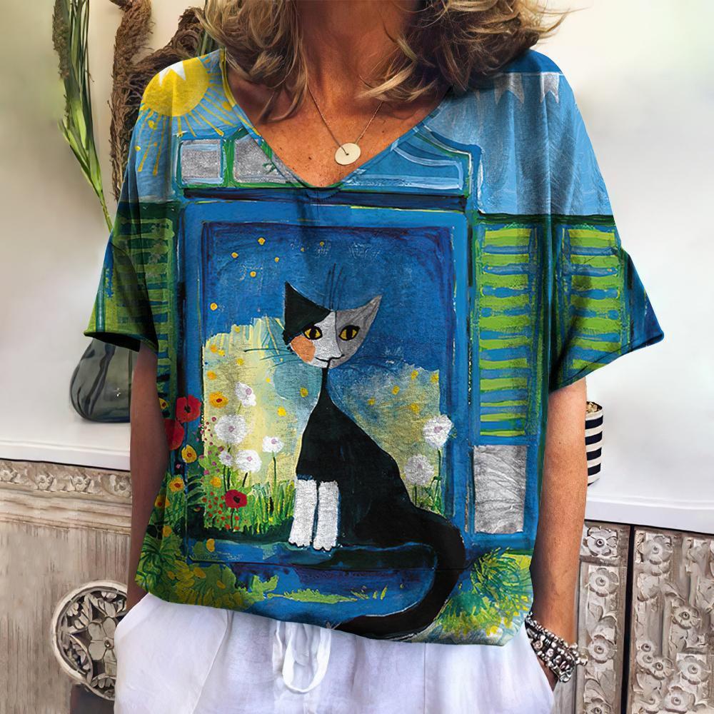 2023 Summer Women's V-Neck T-Shirt with 3D Cat Print