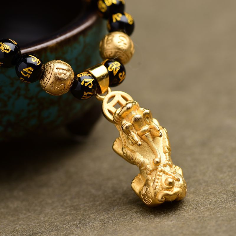 7A Black Agate Gold-plated Six-word Necklace with Pendant