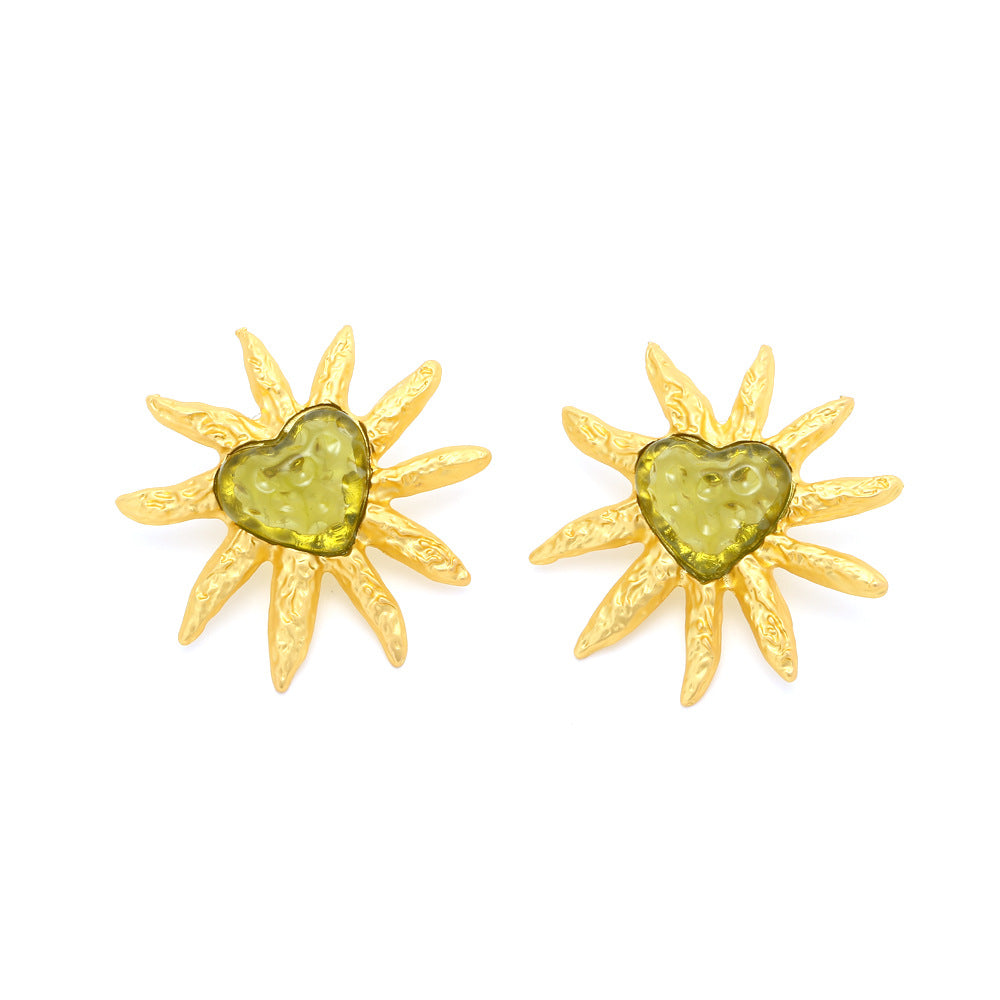 Vintage Heart Sunflower Earrings with Silver Pins for Women