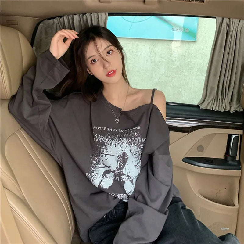 Korean Fashion Women's Loose Cotton Long Sleeve T-Shirt