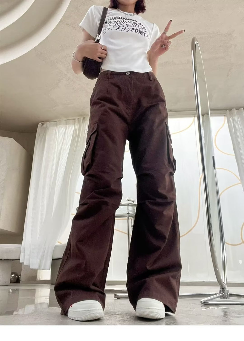 Brown High-Waisted Loose Fit Wide Leg Pants for Women