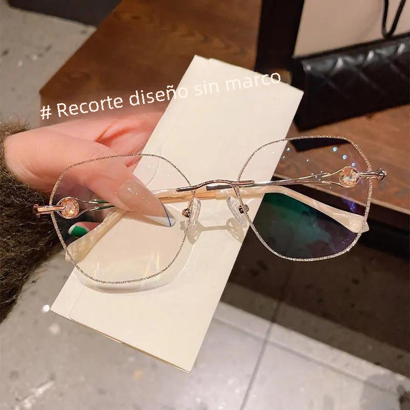 Fashionable Champagne Gold Frameless Polygon Blue Light Glasses