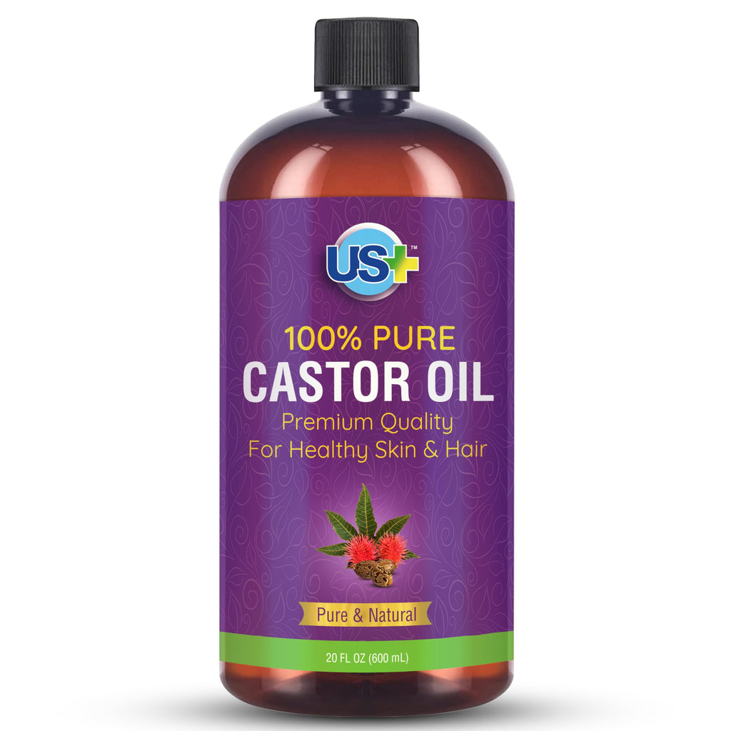 US+ 20oz 100% Pure Castor Oil - Cold-pressed Unrefined Hexane-free - BPA Free Plastic Bottle - USP Grade - Premium Quality for Healthy Skin & Hair