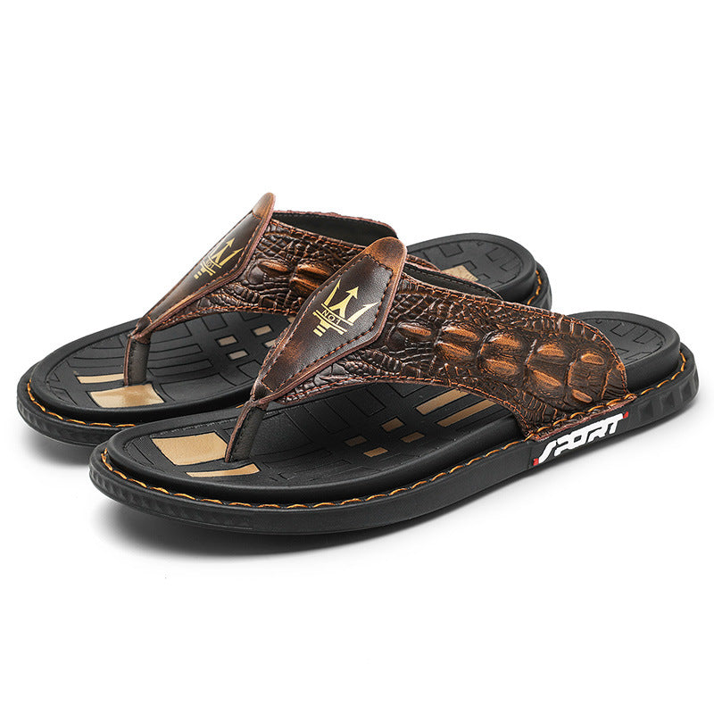 Men's Genuine Leather Crocodile Print Casual Sandals