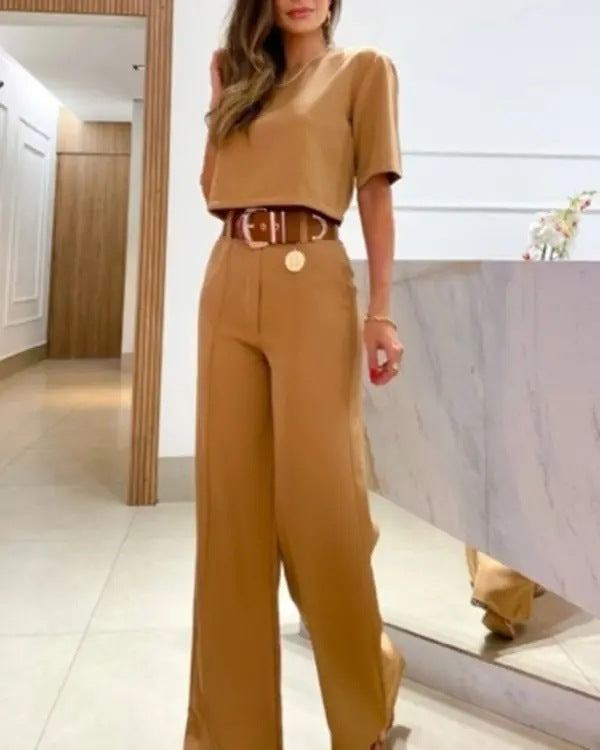 DJ9998 Women's Solid Color Short Sleeve T-Shirt & Pants Set