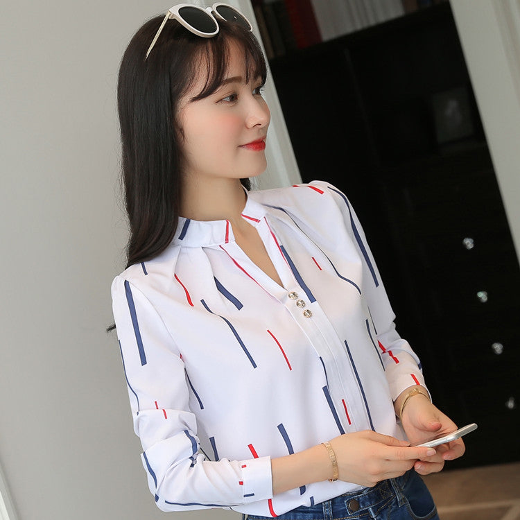 Loose Striped Stand Collar Women's Shirt - Long Sleeve Top