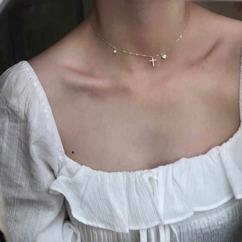 18K Champagne Gold Cross Heart Necklace for Women