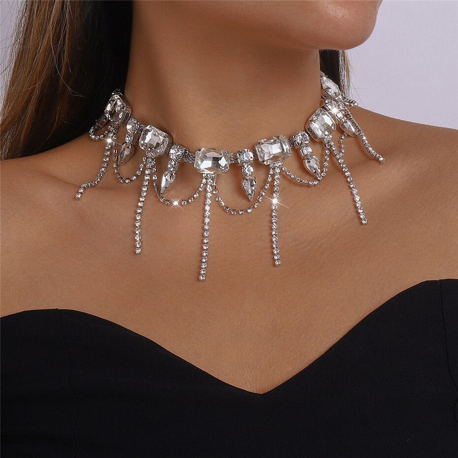 Exaggerated Rhinestone Tassel Necklace for Elegance
