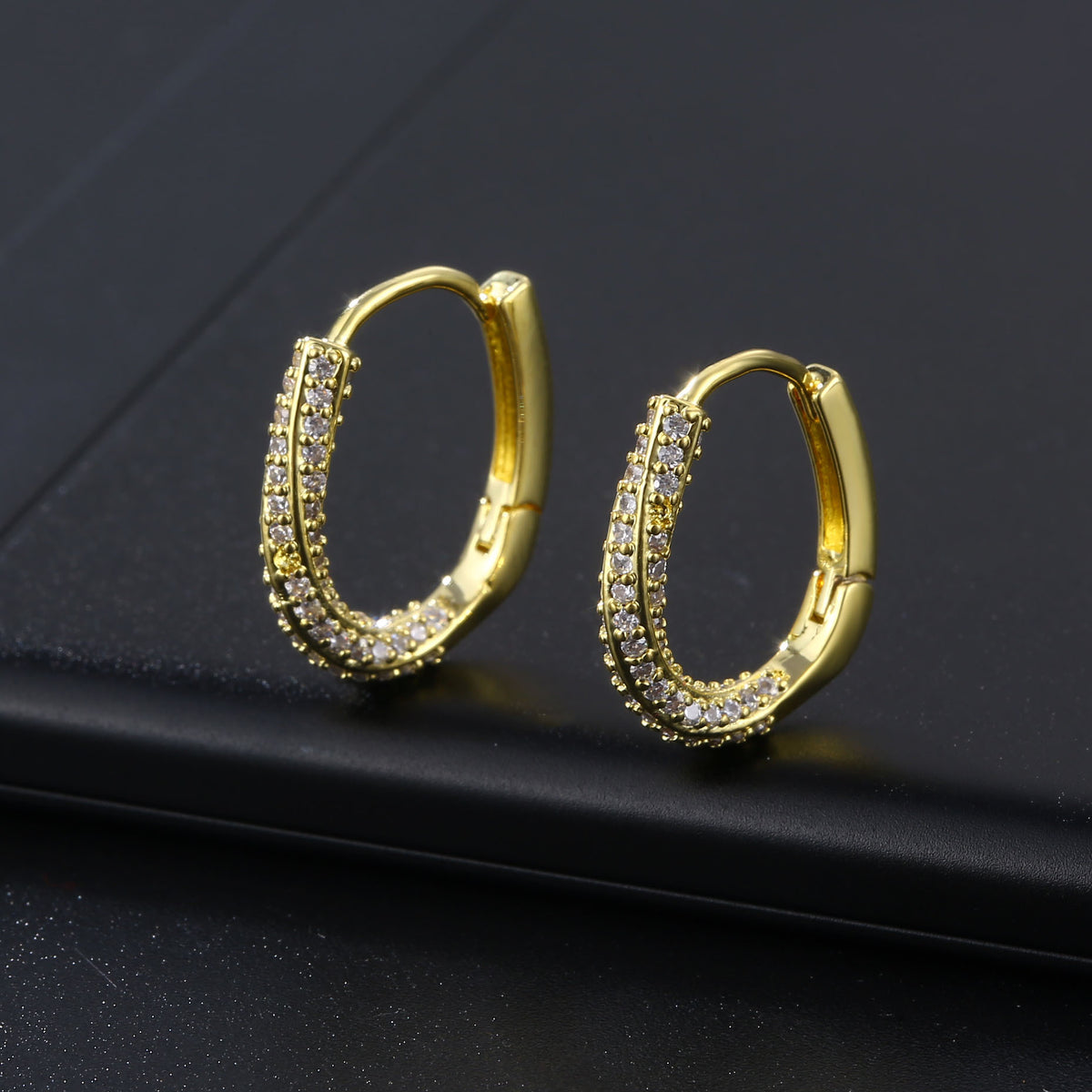 Gold Round Hollow Earrings with Rhinestones (Wholesale)