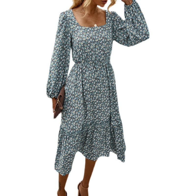 Autumn Winter Floral Print Dress with Square Neck