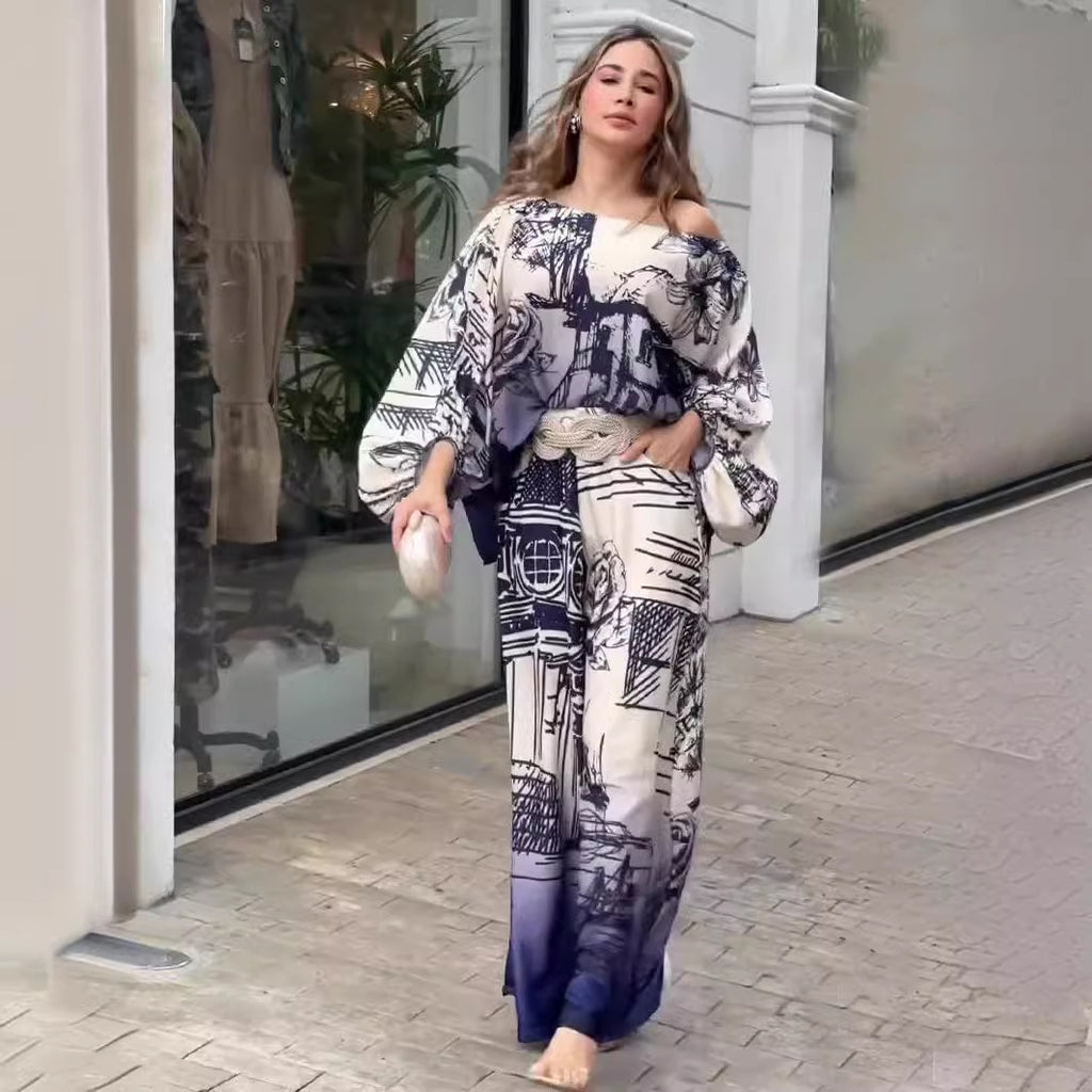 Fashion Long Sleeve Batwing Top & Wide Leg Pants Set
