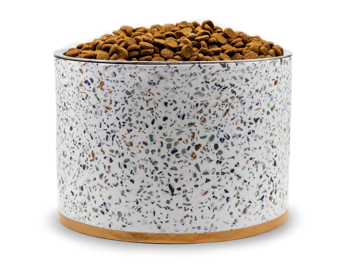 Pet Junkie Terrazzo Single Elevated Dog Bowl Stand with Removable Stainless Steel 44oz Inner Bowl for Medium to Large Breed - Raised Dog Food or Water Station (Large White)
