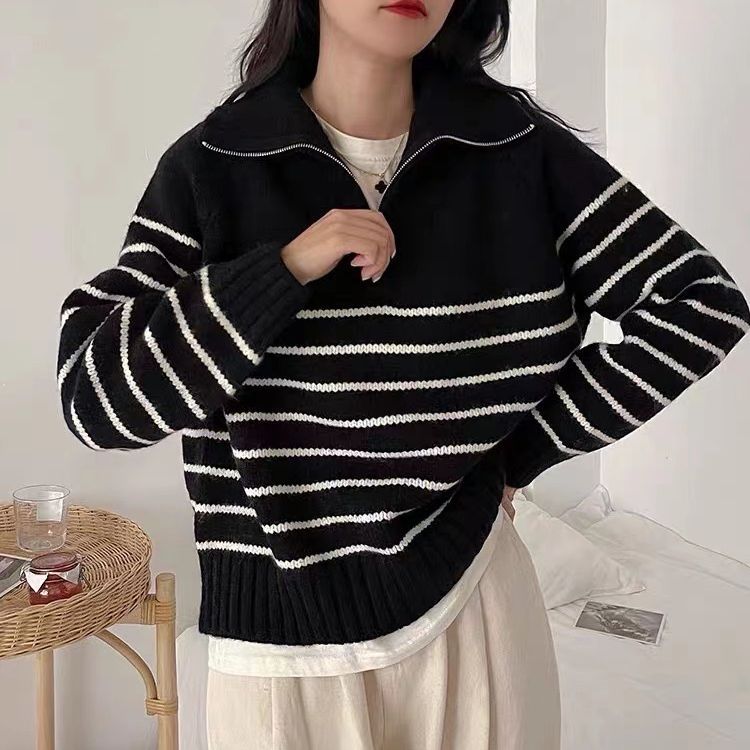 Korean Style Striped Knit Sweater with Half-Zip Collar