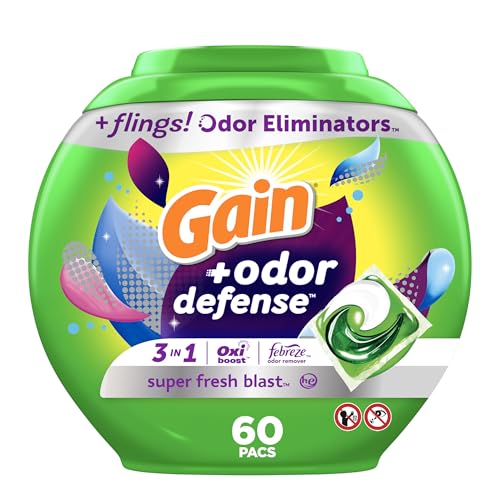 Gain Flings Laundry Detergent Pacs with Odor Defense 60 Ct Super Fresh HE 3in1 Detergent Pacs with Febreze and Oxi