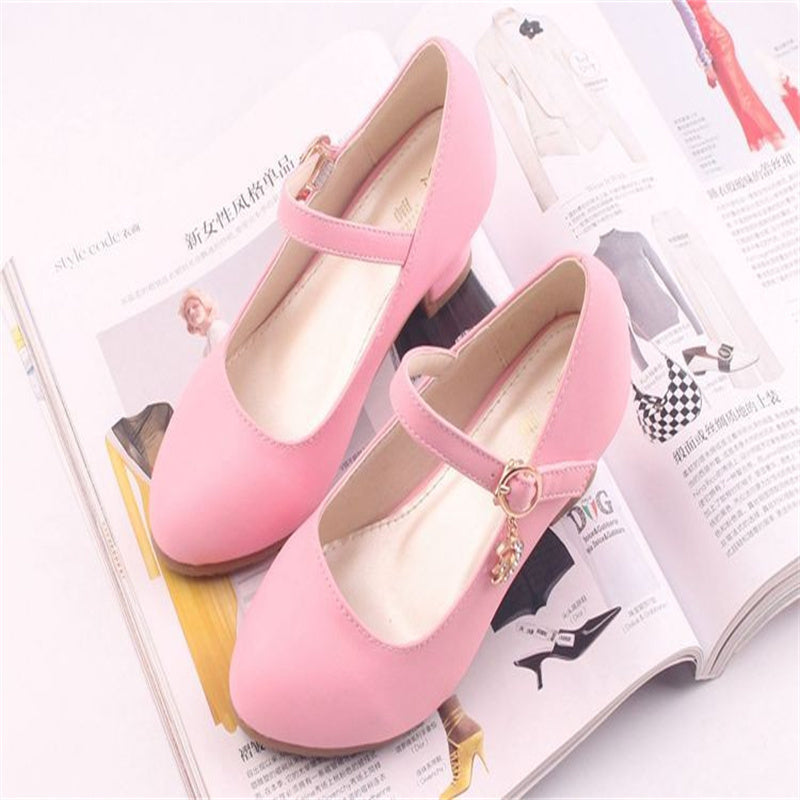 Girls White Leather High Heel Princess Dance Sandals