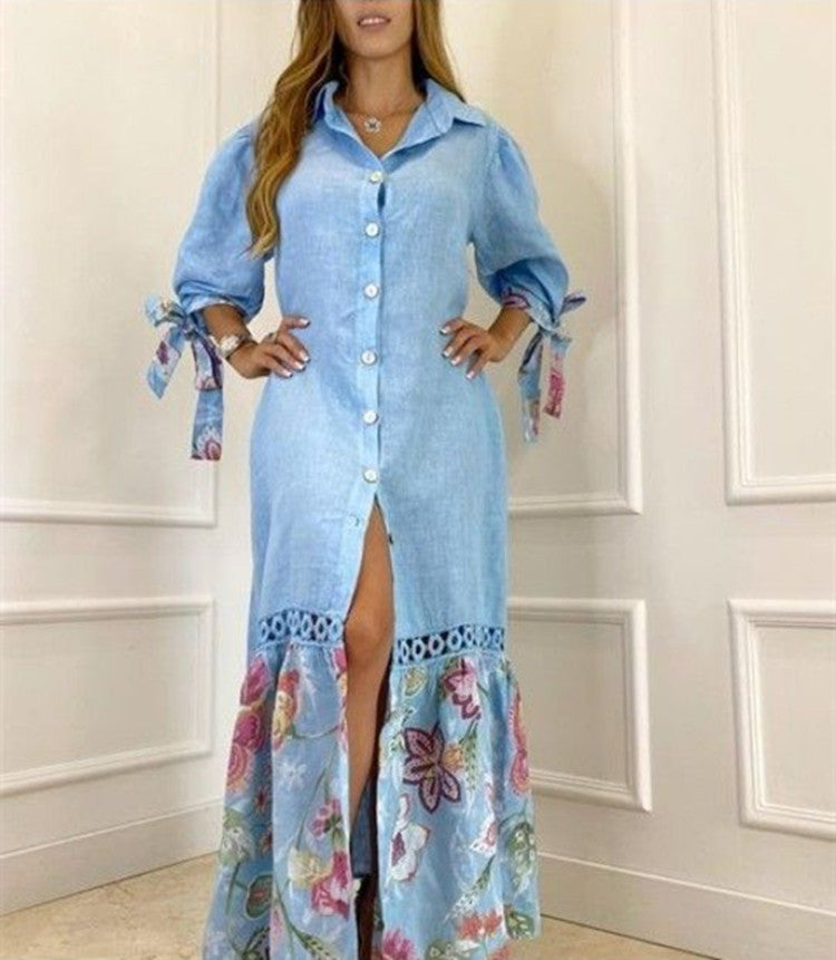 Summer Lace-Trimmed Long Dress with 7-Point Sleeves