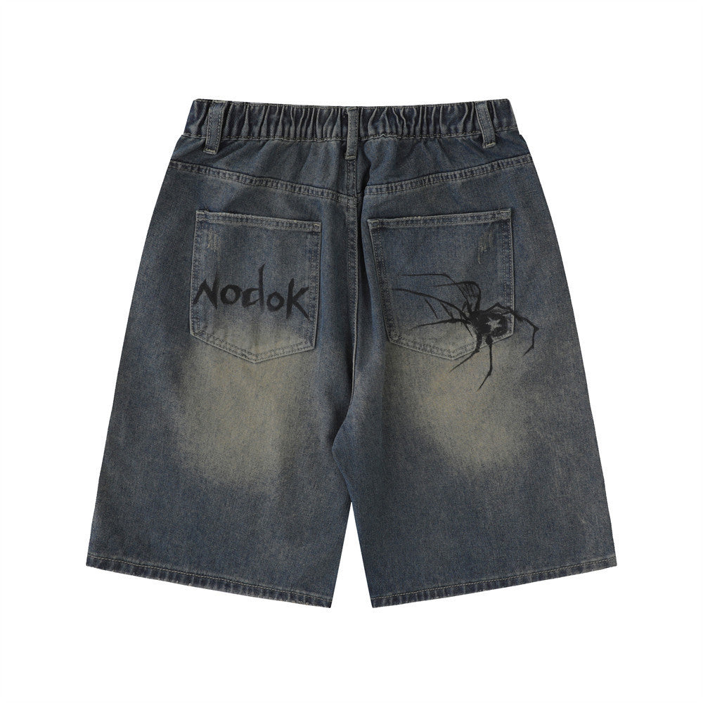 Men's Loose Vintage Denim Shorts with Spider Print
